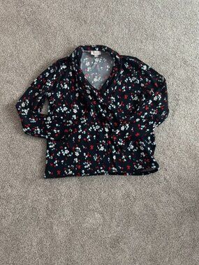 LOFT Navy Floral Faux Wrap V-Neck Long Sleeve Knit Top L
